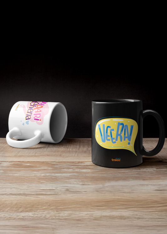 TMKOC Printed White And Black Coffee and Tea Ceramic Mug - 325ml - Pack of 2