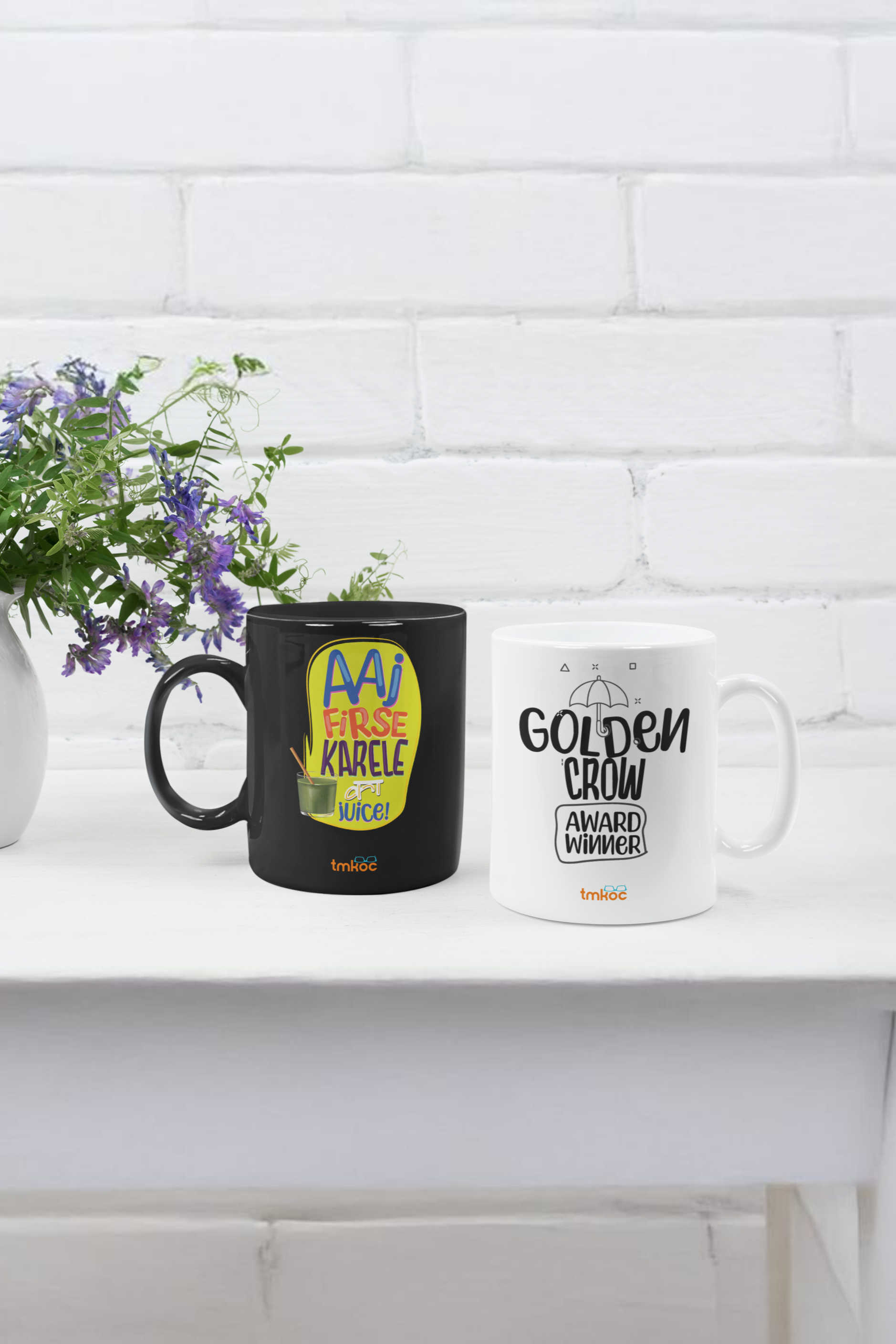 TMKOC Printed White And Black Coffee and Tea Ceramic Mug - 325ml - Pack of 2